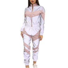 Custom Women Reflective Tracksuit Splicing Tops and Pants Hip Hop Club Festival Outfit Tracksuit 2piece Set Woman